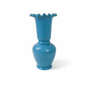 Blue Vase Bristol Glass Ruffled Antique Hand Blown Opaline Crimped Baluster-shap